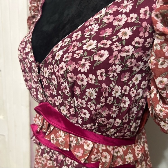 Anthropologie En Saison Red Ditzsy Midi Dress Sz XS Floral Chiffon Pleated Skirt - Picture 3 of 14